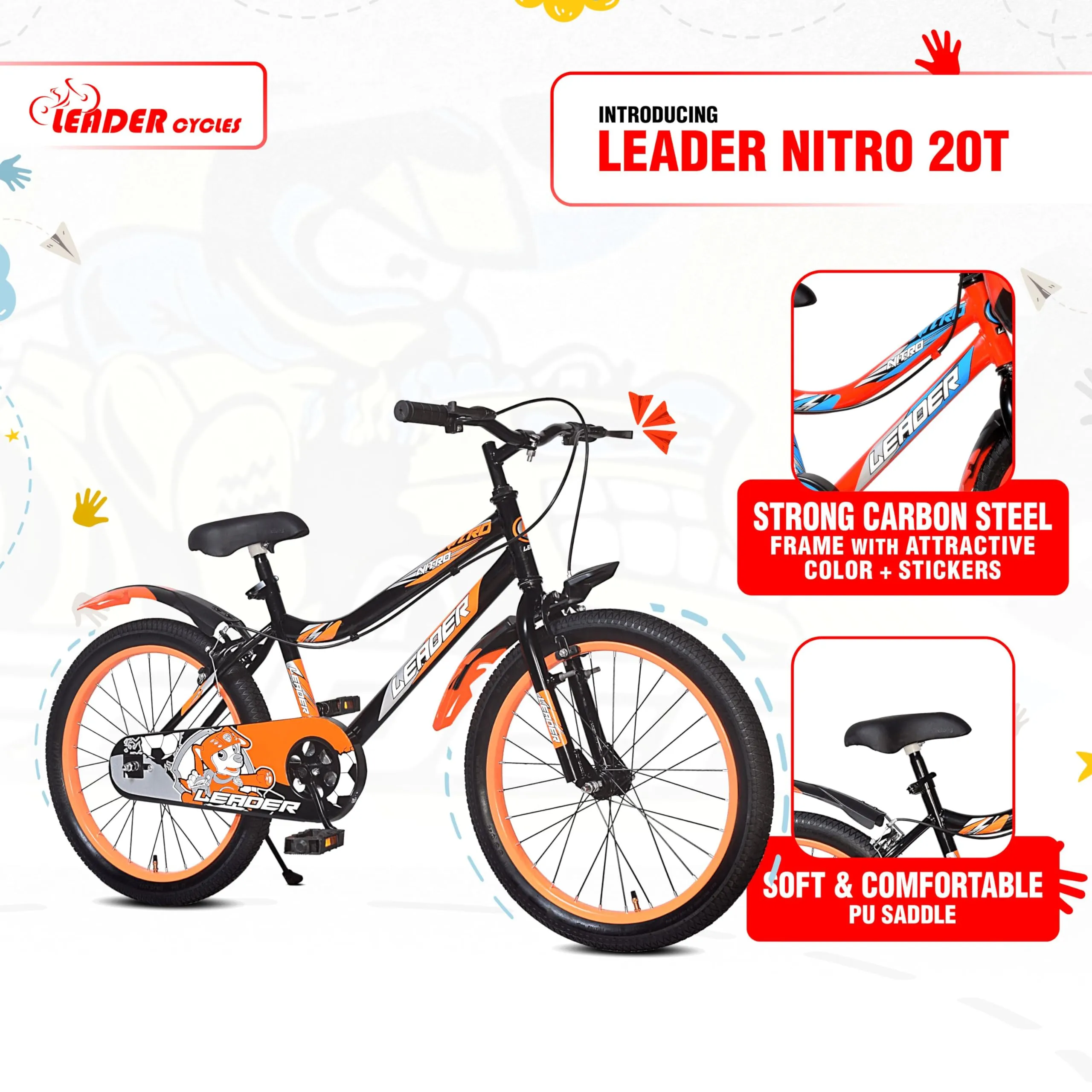 Leader Nitro Kids 20T Cycle Bike (SEMI-Assembled) with Steel Frame for Boys and Girls | Ideal for Age Group 7-10 Years | Frame: 12 Inches