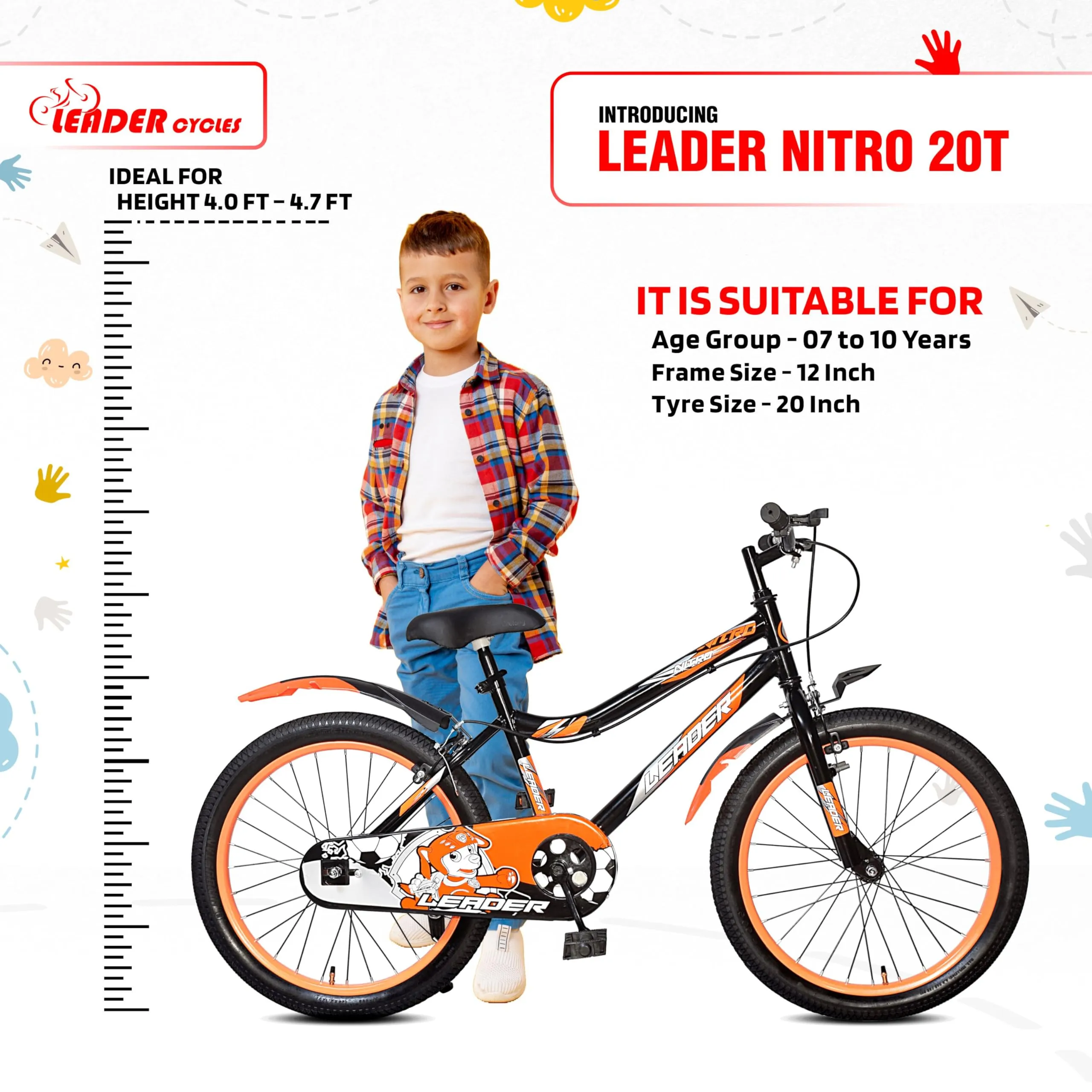 Leader Nitro Kids 20T Cycle Bike (SEMI-Assembled) with Steel Frame for Boys and Girls | Ideal for Age Group 7-10 Years | Frame: 12 Inches