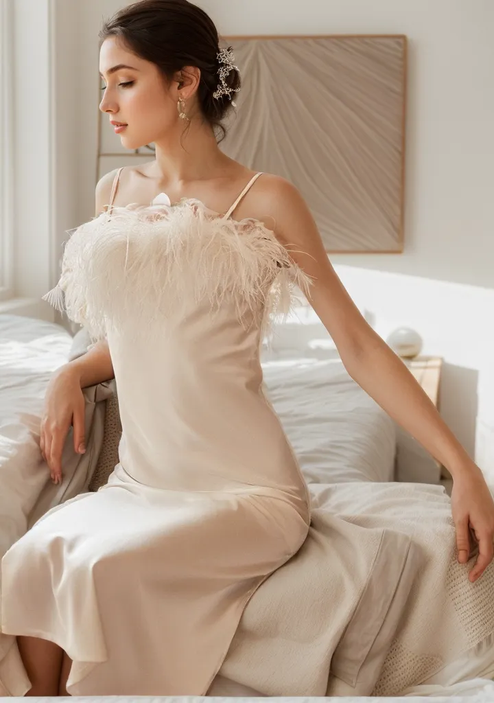 Luxury ostrich feather silky satin long nightgown lingerie multi-color