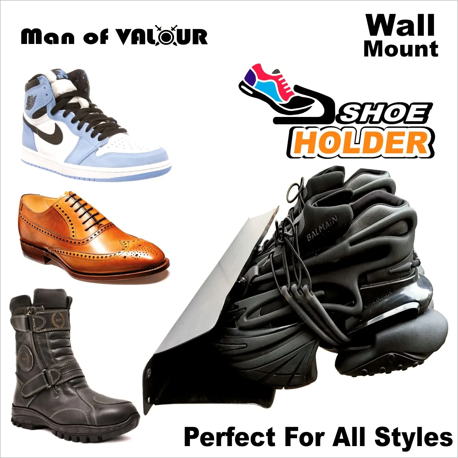 Man Of Valour Wall Mounted Shoe Rack Organizer Keeps Shoes, Boots, Sneakers & Heels Off The Floor. A Modern Shoe Organizer For Your Entryway or Closet. (Metal - 21 inches)