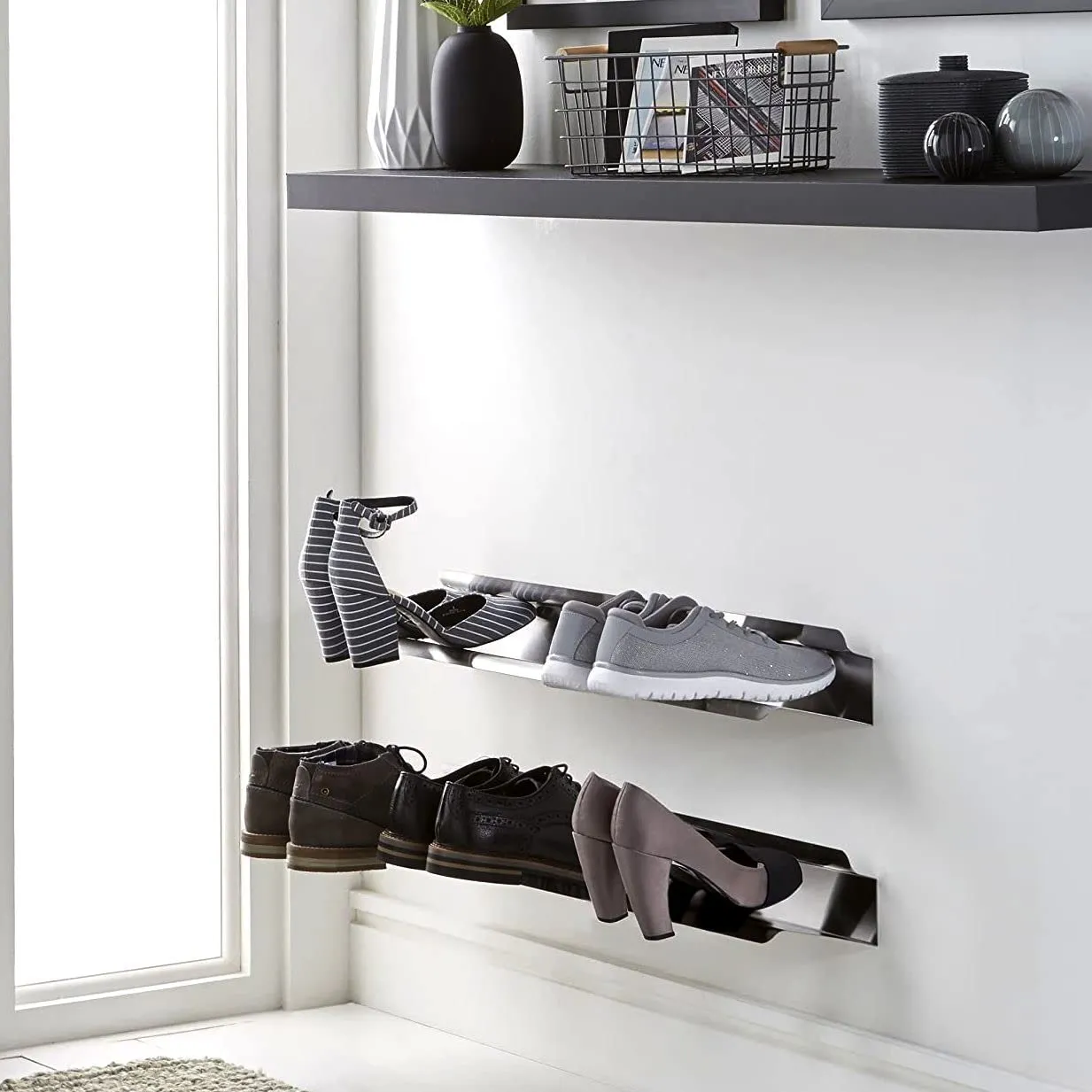 Man Of Valour Wall Mounted Shoe Rack Organizer Keeps Shoes, Boots, Sneakers & Heels Off The Floor. A Modern Shoe Organizer For Your Entryway or Closet. (Metal - 21 inches)