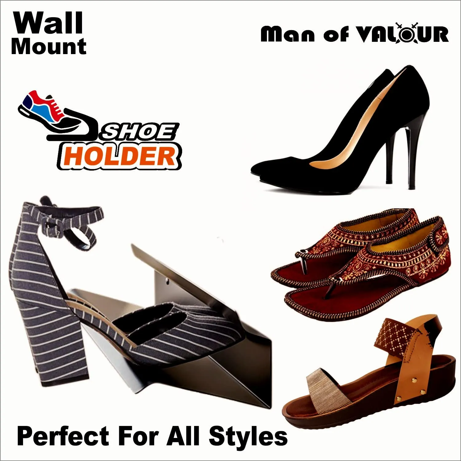 Man Of Valour Wall Mounted Shoe Rack Organizer Keeps Shoes, Boots, Sneakers & Heels Off The Floor. A Modern Shoe Organizer For Your Entryway or Closet. (Metal - 21 inches)