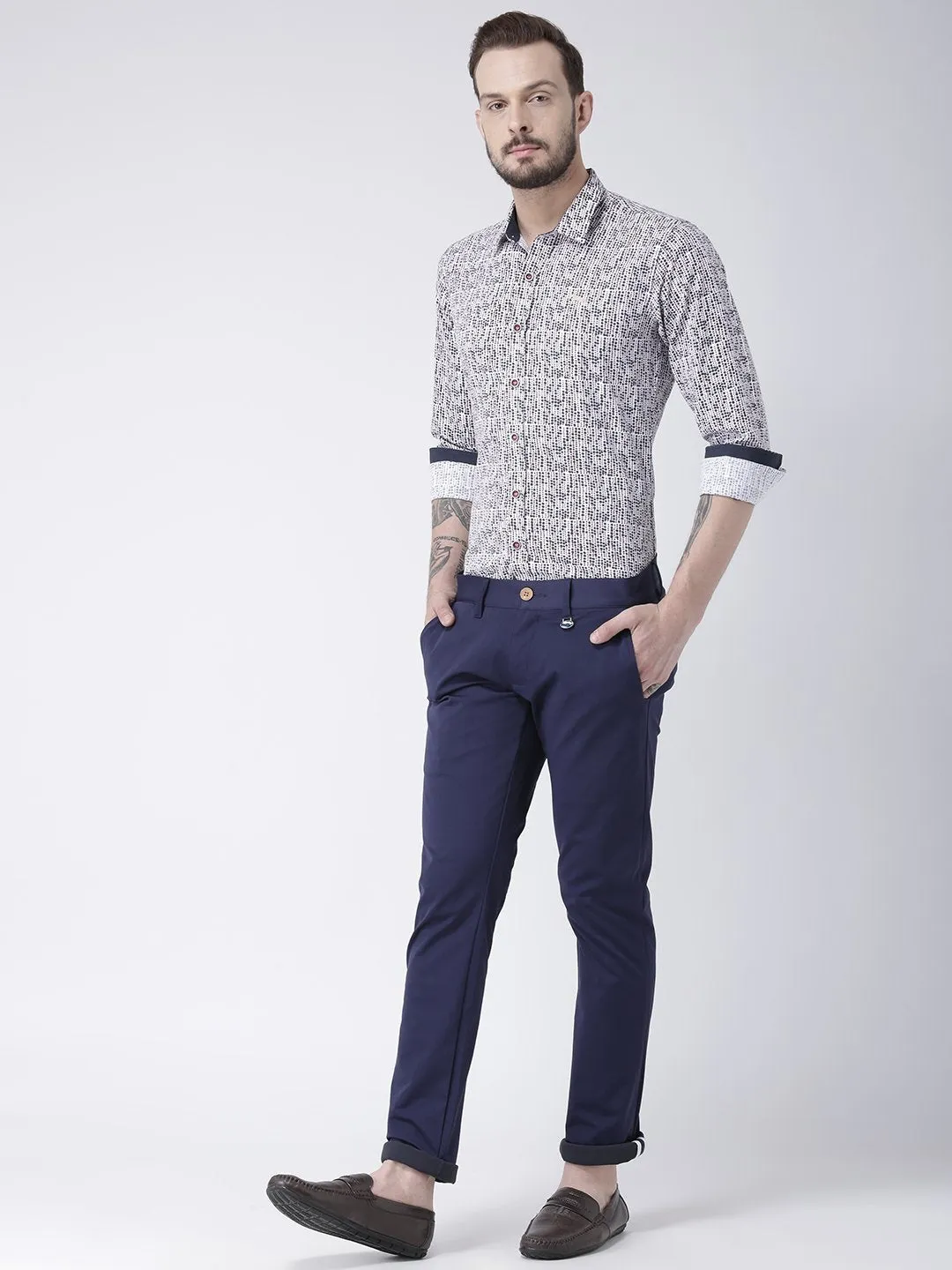 Men White Printed Cotton Slim Fit Shirt