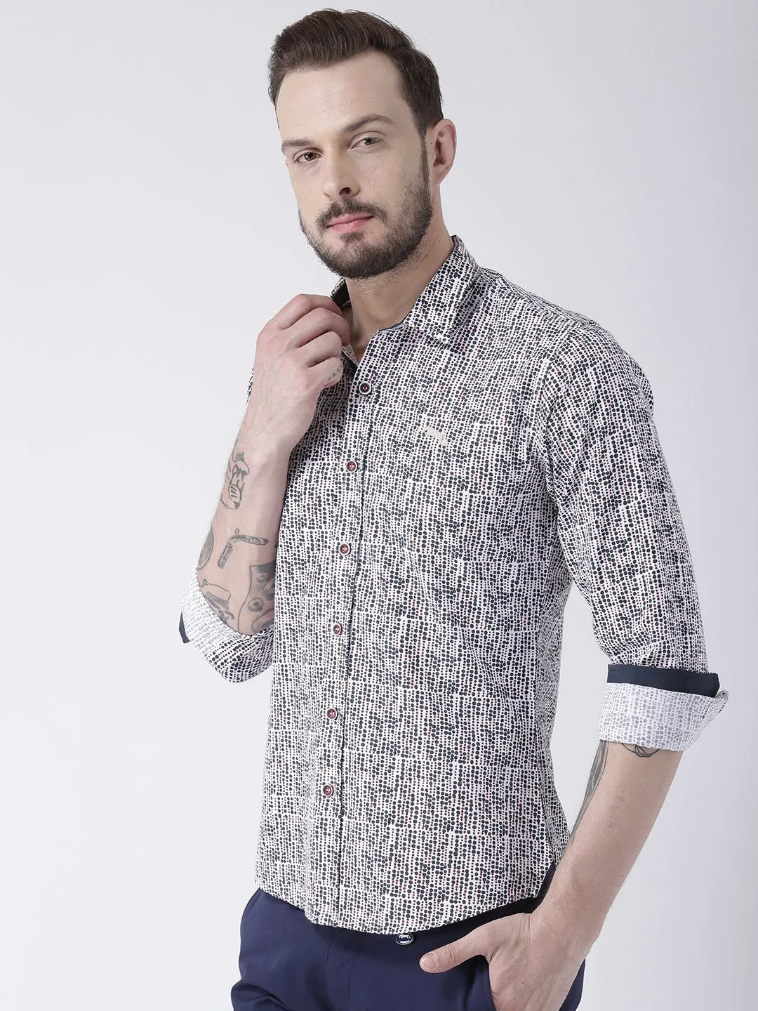 Men White Printed Cotton Slim Fit Shirt