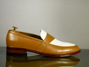 Men's Brown White Stylish Penny Loafer Leather Oxford Shoes