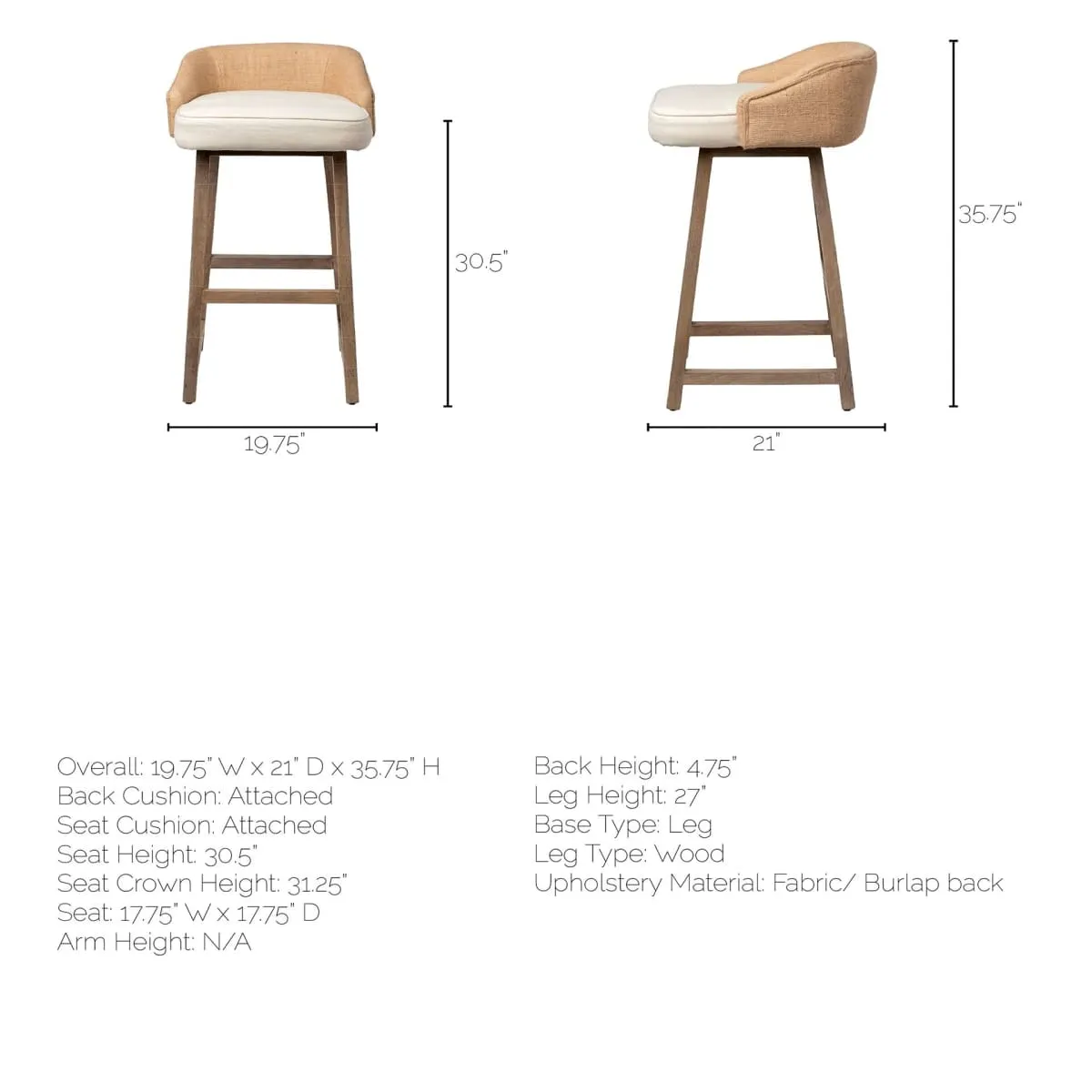 Monmouth Bar Counter Stool Cream Fabric | Brown Wood | Bar