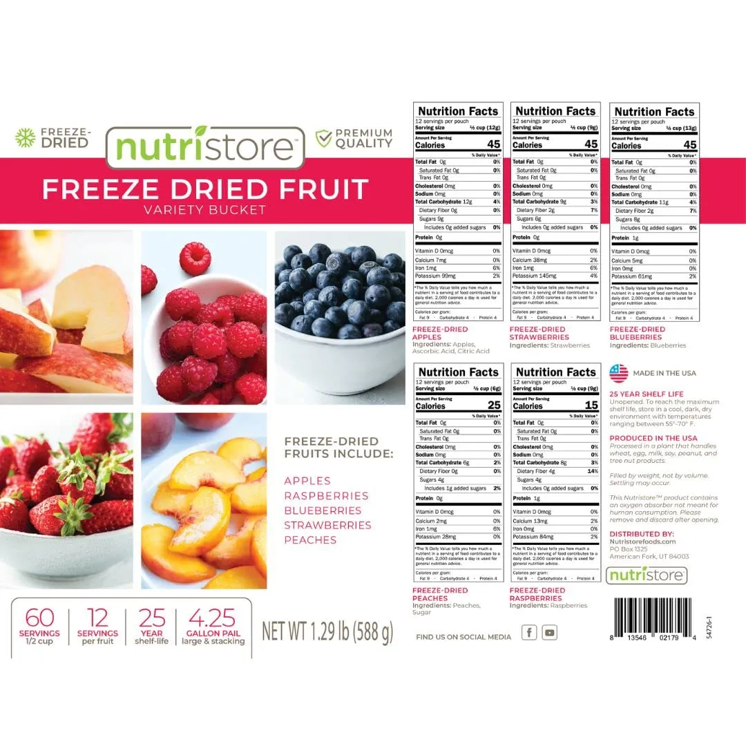 Nutristore Freeze Dried Fruit Variety Bucket | 1 Month Emergency Survival Bulk Food Storage Supply | Healthy Snacks | Premium Taste and Quality | 30 Day Supply | 25 Year Shelf-Life