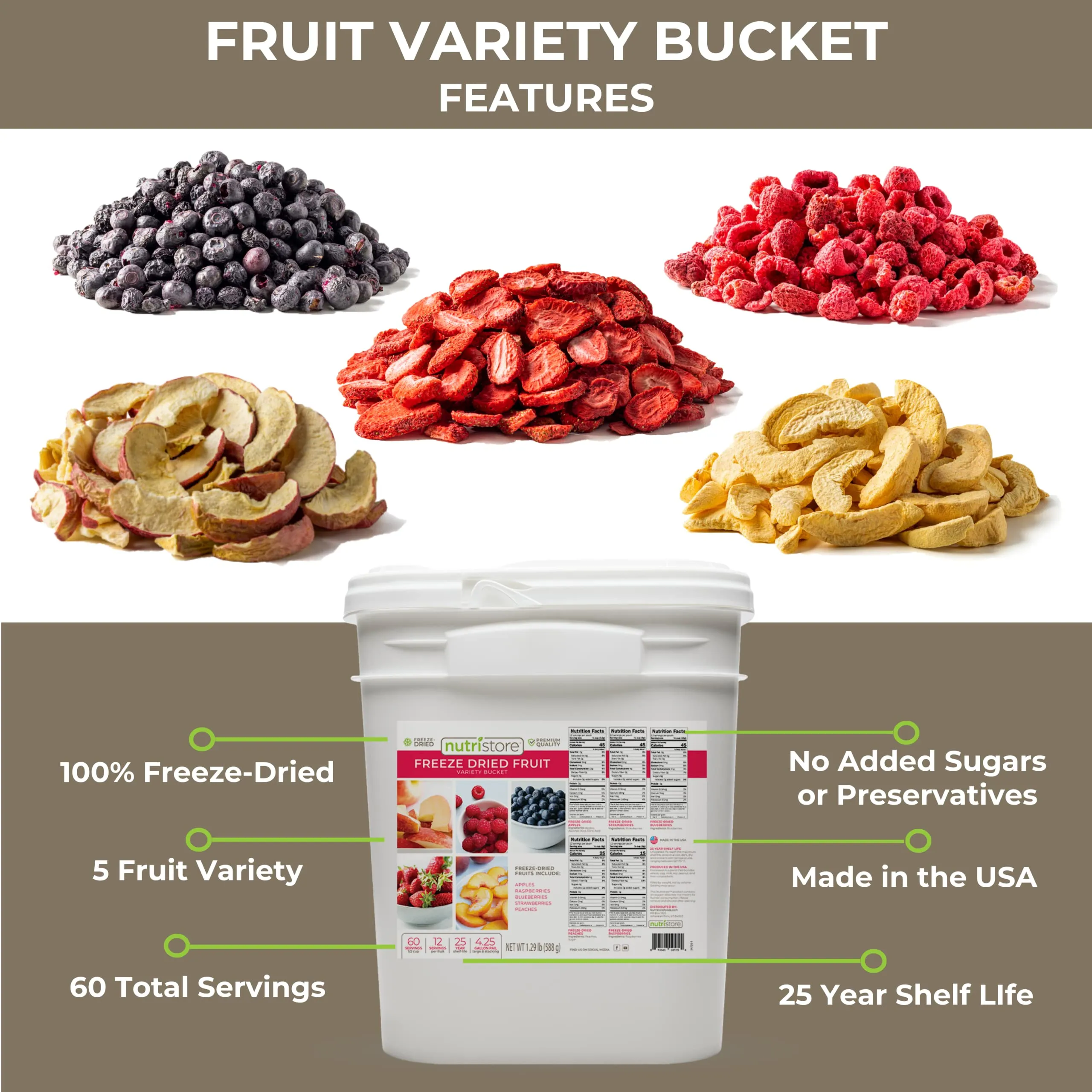 Nutristore Freeze Dried Fruit Variety Bucket | 1 Month Emergency Survival Bulk Food Storage Supply | Healthy Snacks | Premium Taste and Quality | 30 Day Supply | 25 Year Shelf-Life