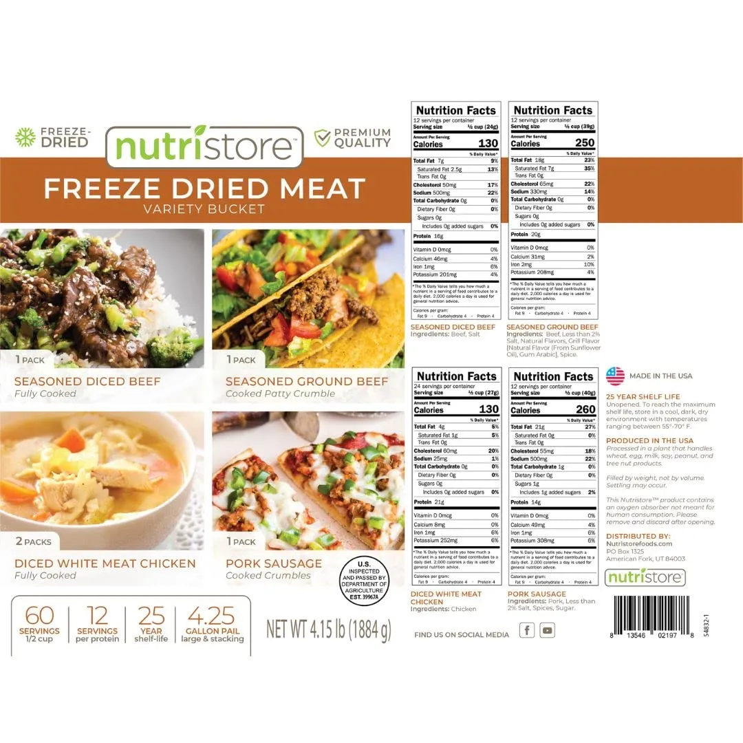 Nutristore Premium Freeze-Dried Meat Variety Bucket - 60 Large Servings - Chicken, Ground Beef, Beef Dices, and Sausage