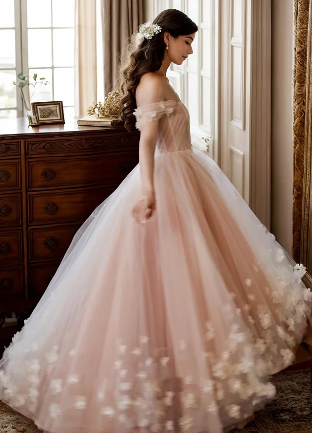 Off the shoulder pleated bodice 3D flower tulle skirt princess ballgown prom dress