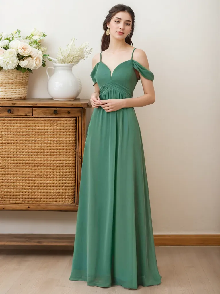 Off-the-shoulder sleeves strap deep V-neck A-line chiffon prom dress