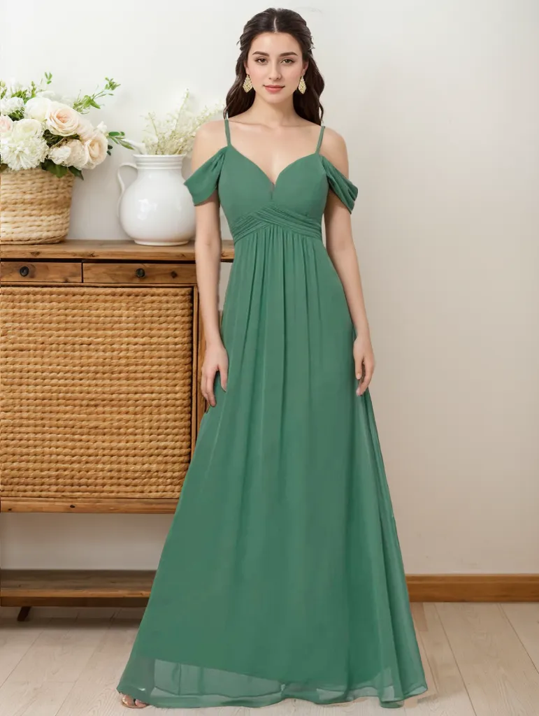 Off-the-shoulder sleeves strap deep V-neck A-line chiffon prom dress