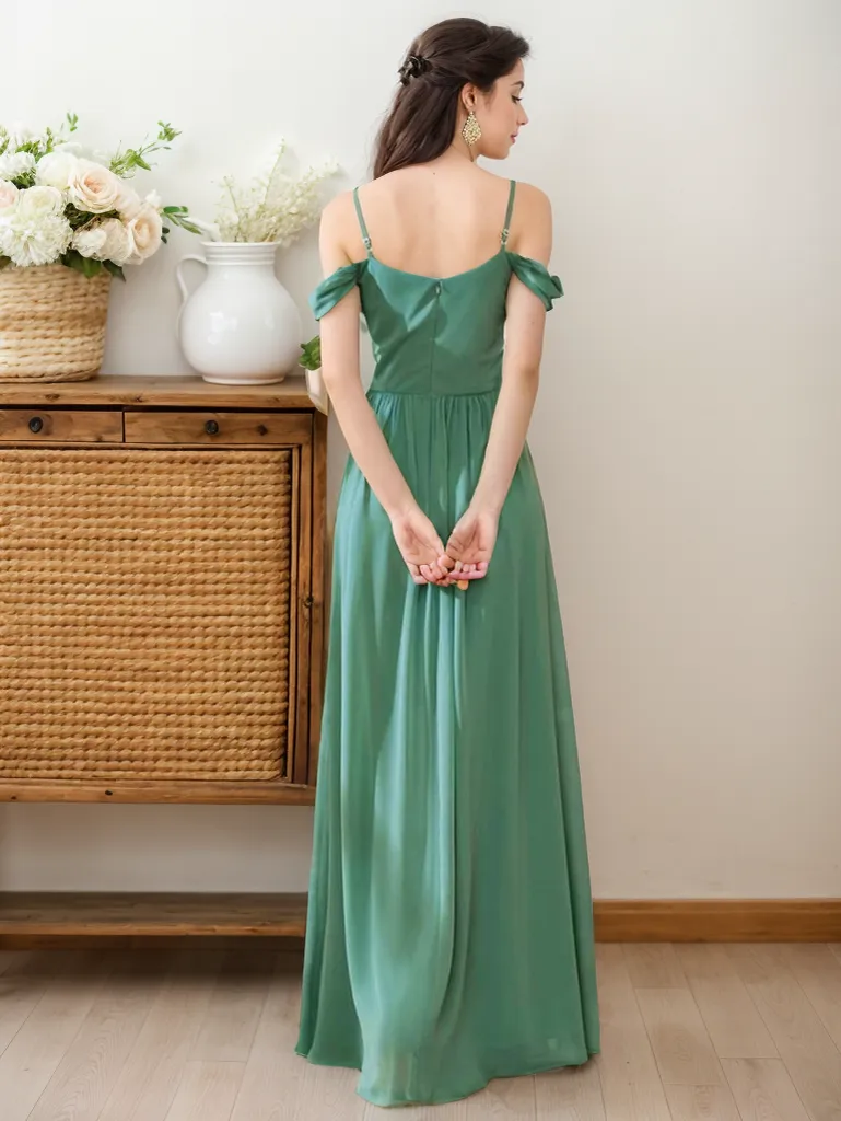 Off-the-shoulder sleeves strap deep V-neck A-line chiffon prom dress