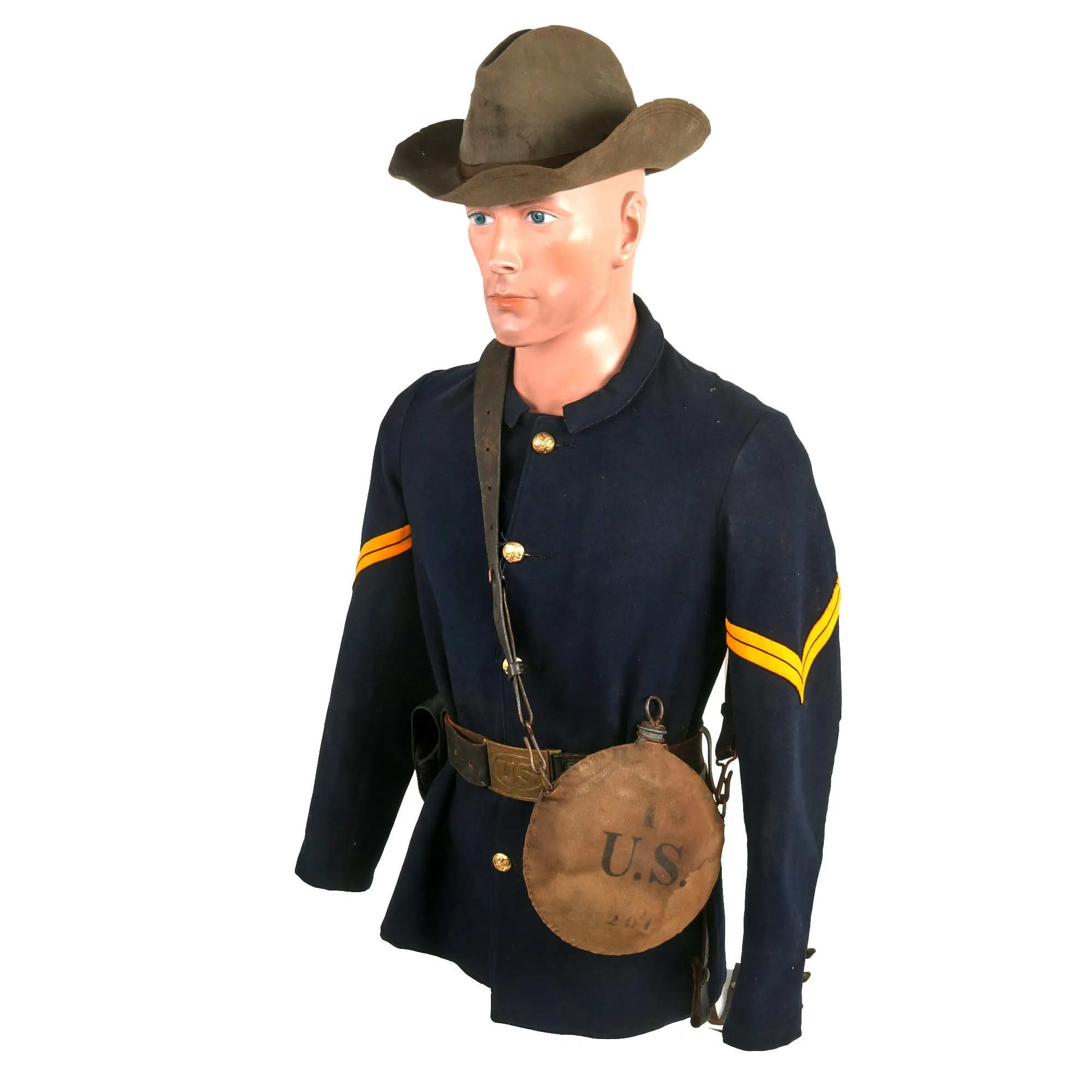 Original U.S. Indian Wars / Spanish-American War Cavalry Corporal Uniform Set - Includes Boots, Blouse, Trousers, Campaign Hat, Belt/Holster and Canteen With Sling