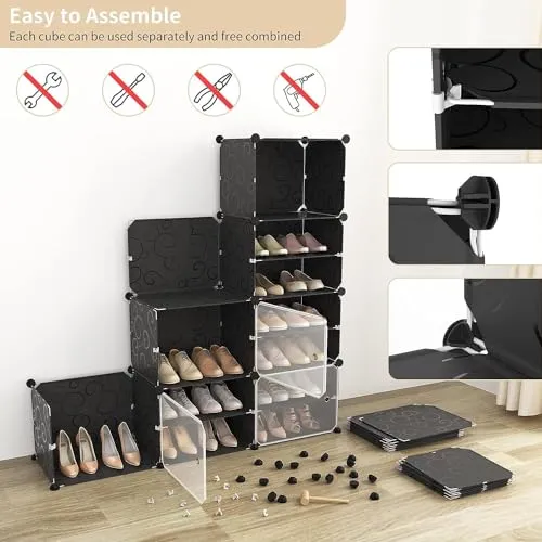 Oumffy Portable Plastic Shoe Rack Organizer with Door, 36 Pairs Shoe Storage Cabinet Easy Assembly, Adjustable Shoe Storage Organizer Stackable Detachable Shoe Rack DIY (12-Shelf-White)