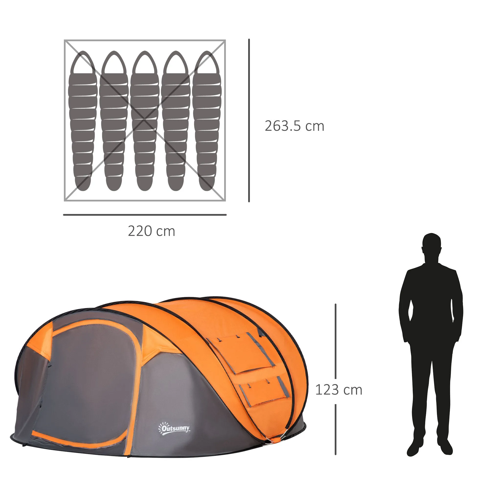 Outsunny 4-5 Person Pop-up Camping Tent Waterproof Family Tent w/ 2 Mesh Windows & PVC Windows Portable Carry Bag for Outdoor Trip Orange