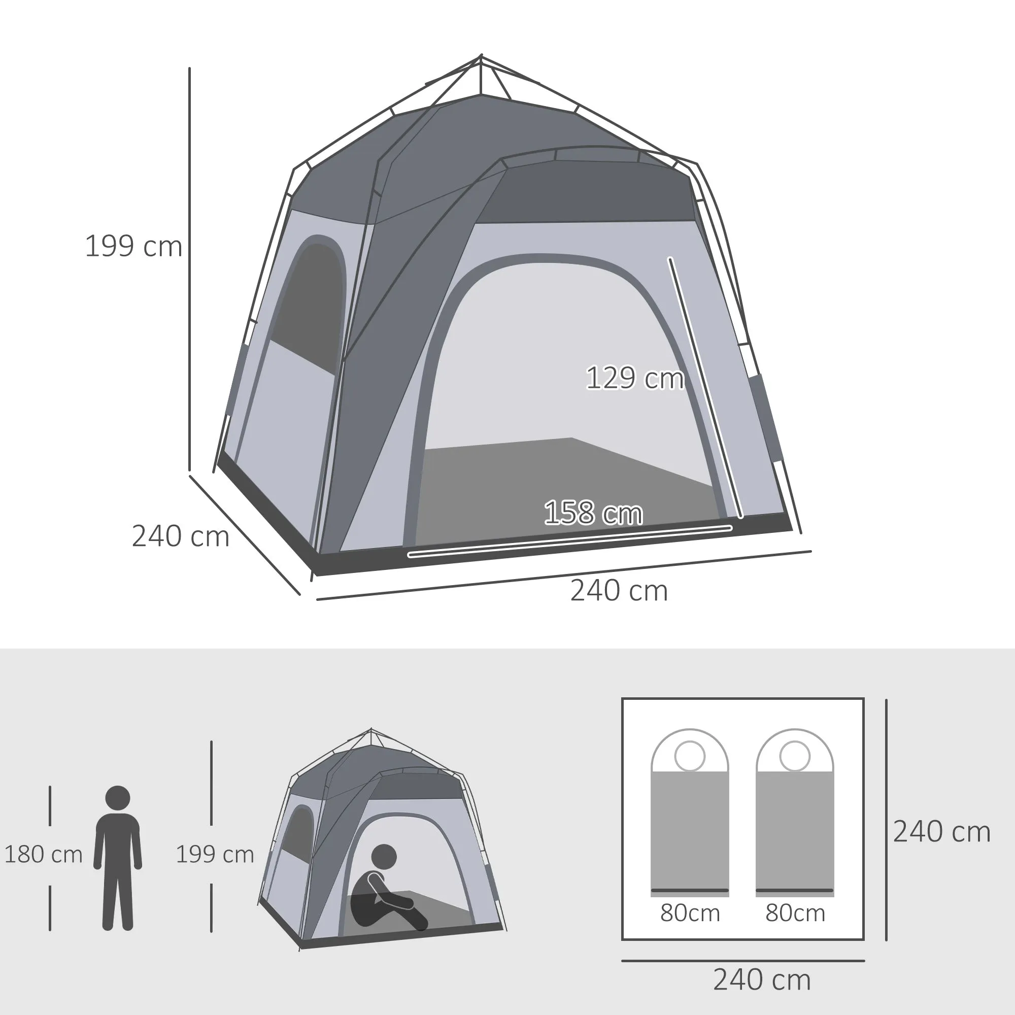 Outsunny 4 Person Automatic Camping Tent, Outdoor Pop Up Tent, Portable Backpacking Dome Shelter, Grey