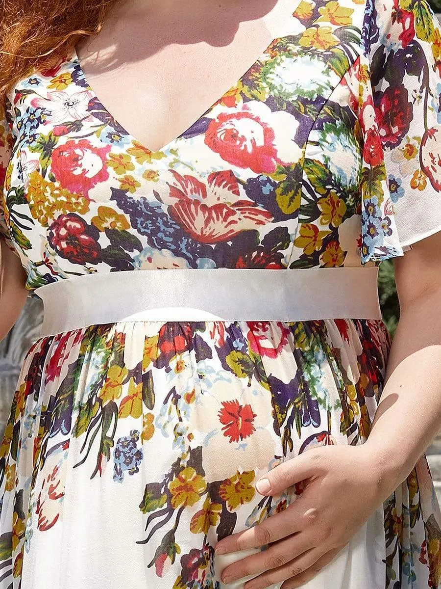 Plus Size Floral Print V-Neck Short Sleeve Ruffle Bump Friendly Dress