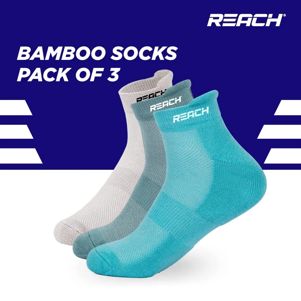 REACH Bamboo Fibre Ankle Length Socks For Men & Women | Breathable Mesh & Odour Free Socks | Sports & Gym Socks | Soft & Comfortable | Pack Of 3 | Aqua Blue, Sea Green & Light Grey