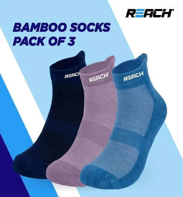 REACH Bamboo Fibre Ankle Length Socks For Men & Women | Breathable Mesh & Odour Free Socks | Sports & Gym Socks | Soft & Comfortable | Pack Of 3 | Sky Blue, Lavender & Navy Blue