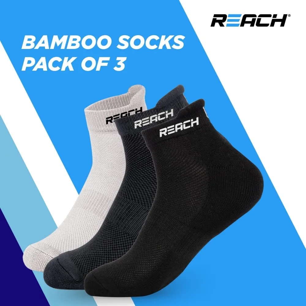 REACH Bamboo Fibre Ankle Length Socks For Mens & Womens | Breathable Mesh & Odour Free Socks | Sports & Gym Socks | Soft & Comfortable | Pack Of 3 - Light Grey, Dark Grey & Black