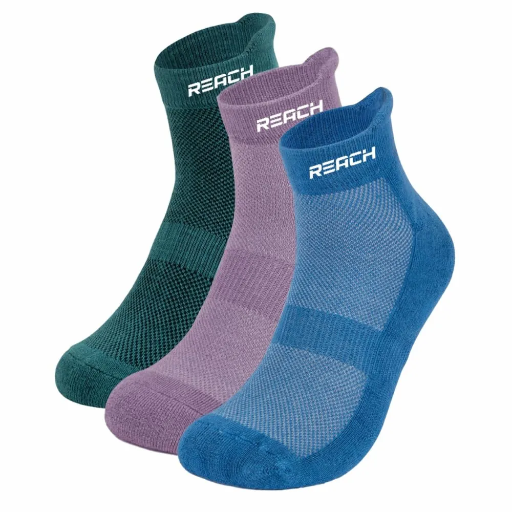 REACH Bamboo Fibre Ankle Length Socks For Mens & Womens | Breathable Mesh & Odour Free Socks | Sports & Gym Socks | Soft & Comfortable | Pack Of 3 - Sky Blue, Lavender & Charcoal Green