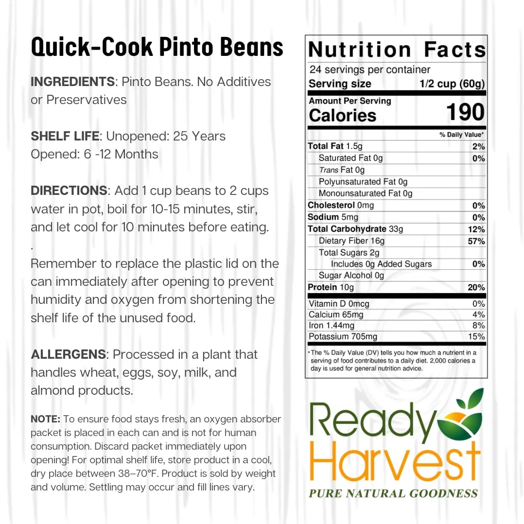 Ready Harvest Dehydrated Whole Food Pinto Beans - 25 Year Shelf Life - Six #10 Cans