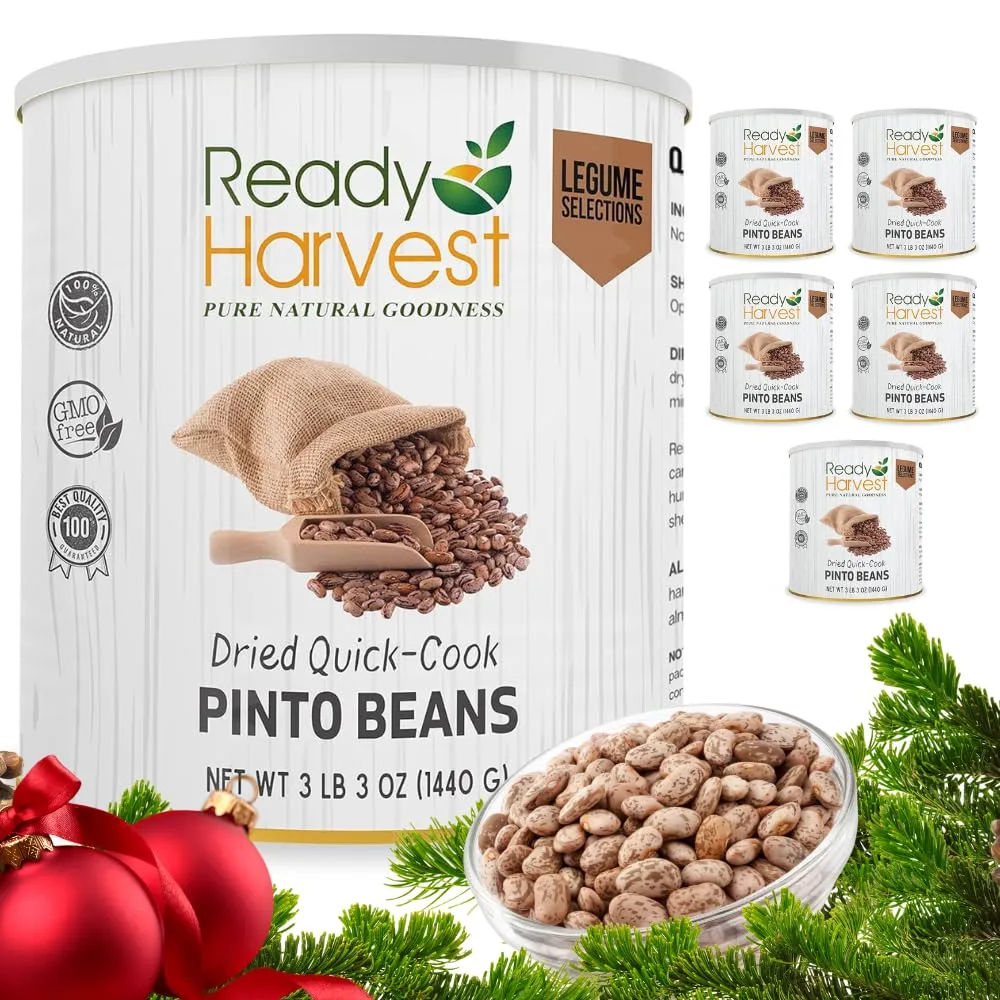 Ready Harvest Dehydrated Whole Food Pinto Beans - 25 Year Shelf Life - Six #10 Cans