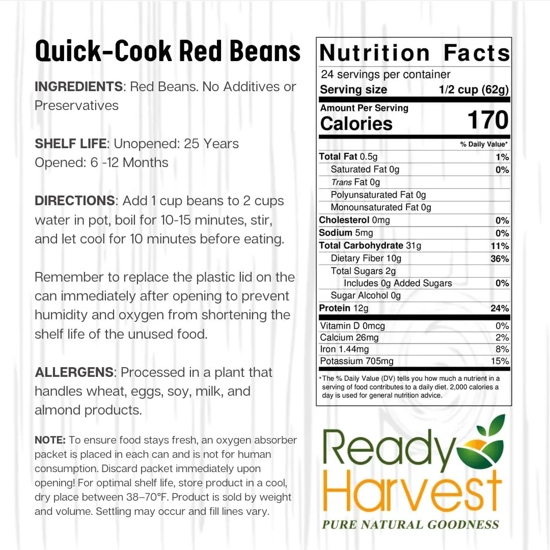 Ready Harvest Dehydrated Whole Food Red Beans - 25 Year Shelf Life - #10 Can