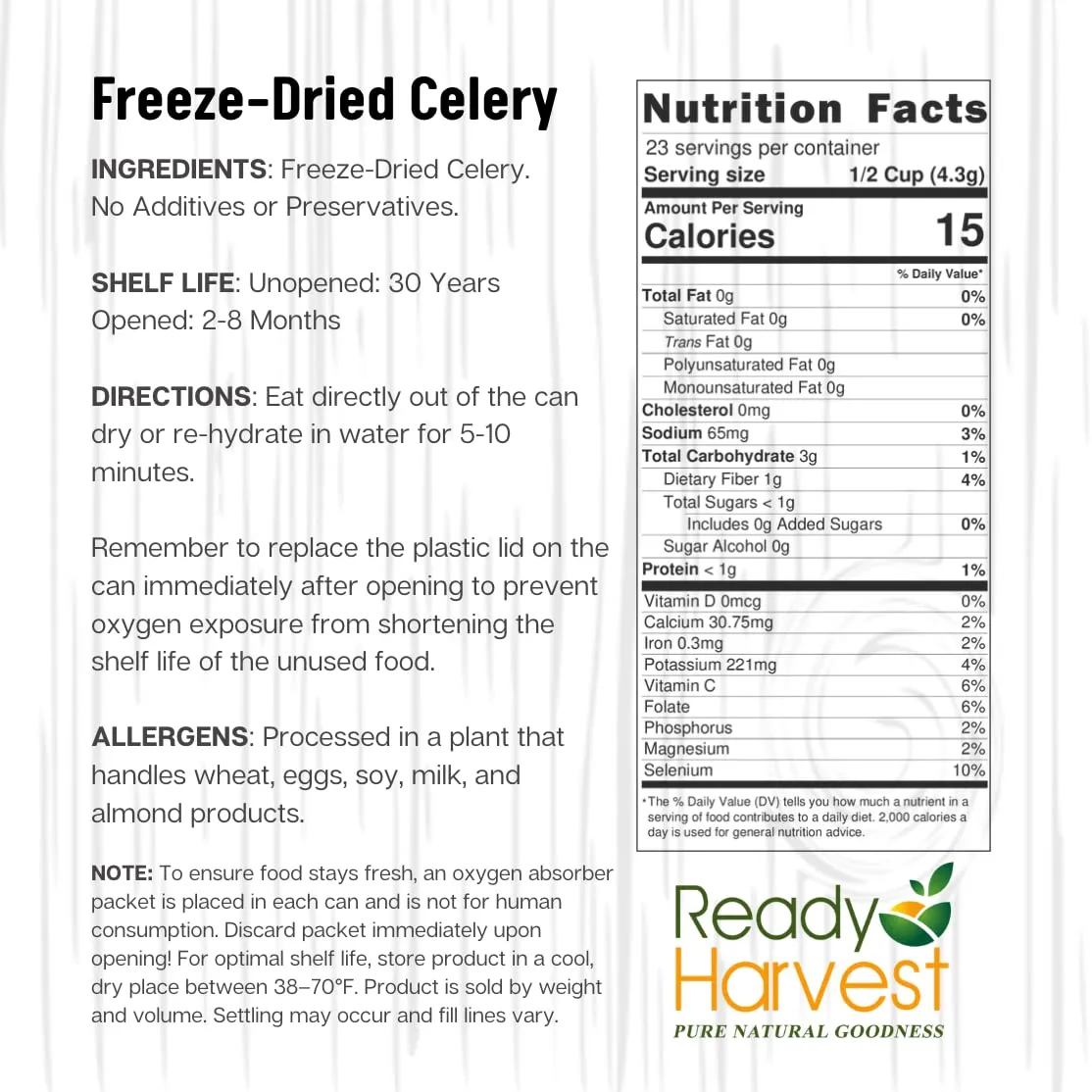 Ready Harvest Freeze-Dried Celery - 30 Year Shelf Life - Six #10 Cans