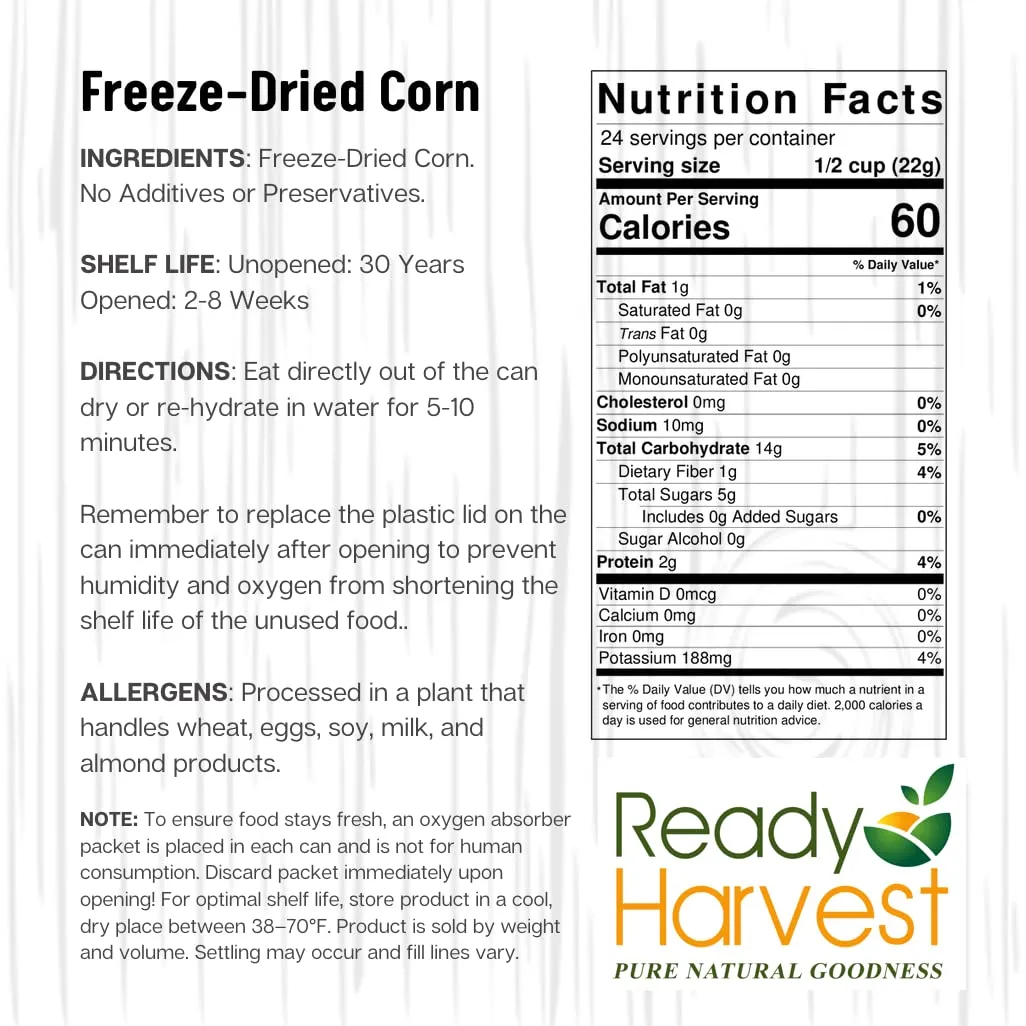 Ready Harvest Freeze-Dried Sweet Corn - 30 Year Shelf Life - #10 Can