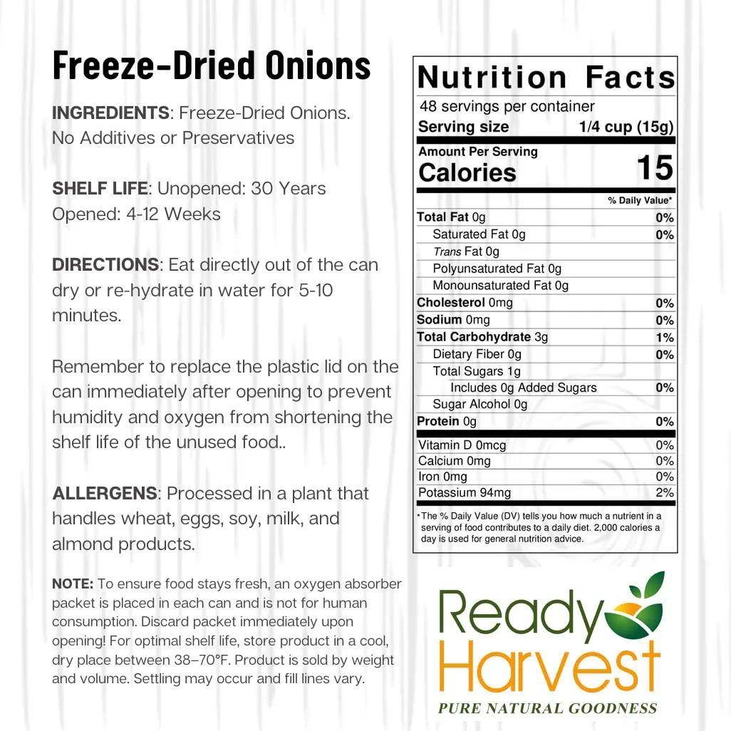 Ready Harvest Freeze-Dried Yellow Onions - 30 Year Shelf Life - #10 Can