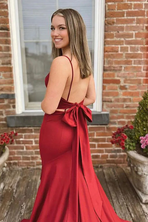 Red Satin Mermaid V-neck Long Prom Dresses with Bow,Evening dresses elegant