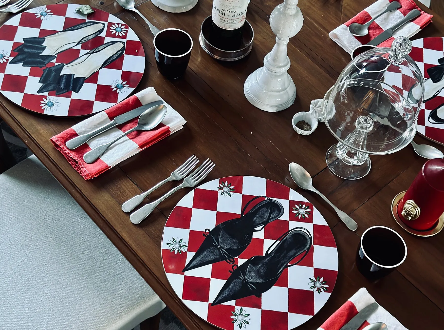 Set of 6 Shoe Check & Crystal Round Cork-Backed Coasters in Claret Red