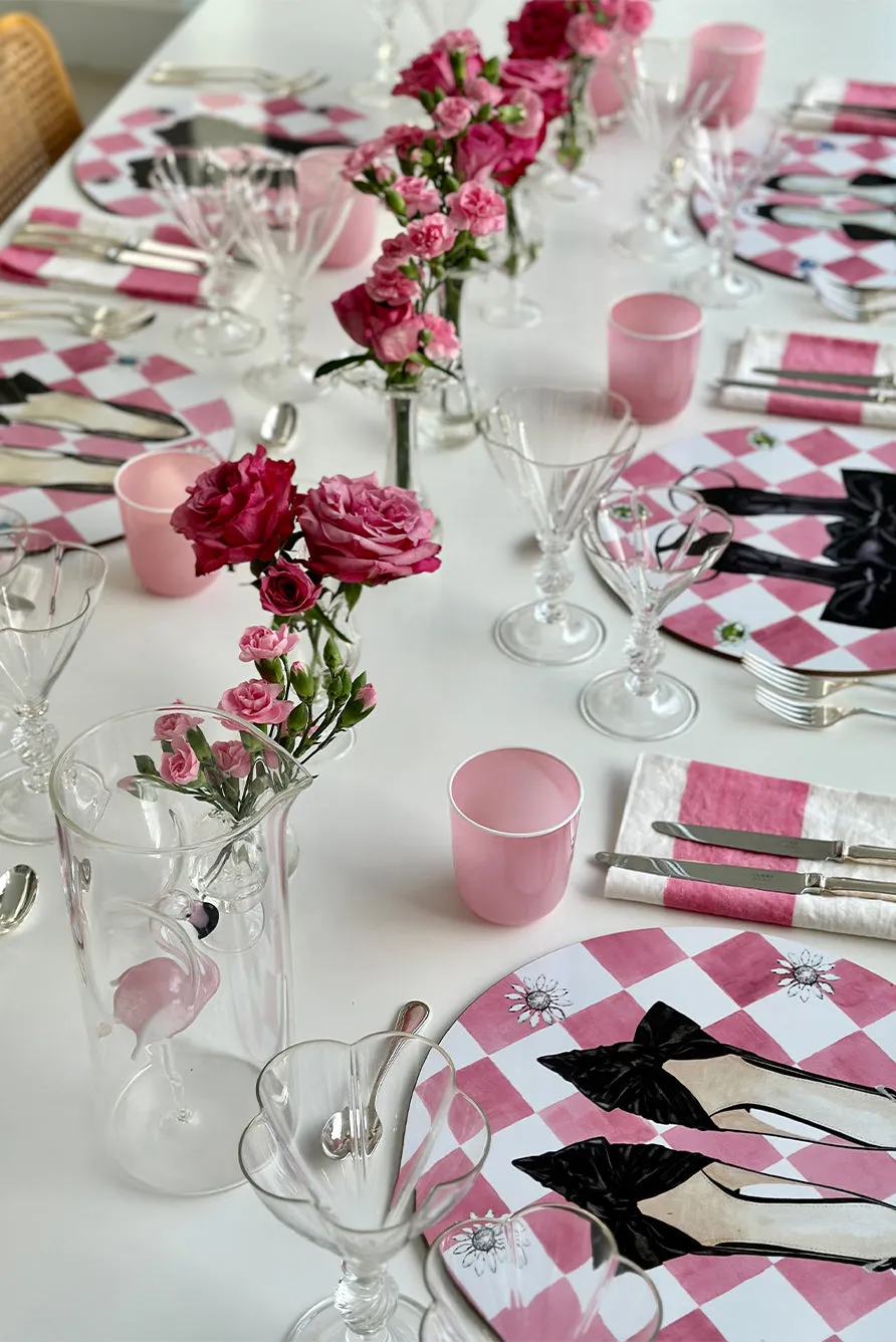 Set of 6 Shoe Check & Crystal Round Cork-Backed Placemats in Rose Pink