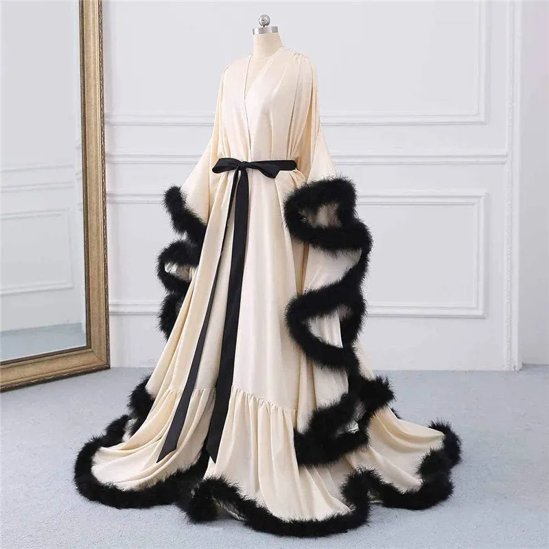 Silky satin faux turkey fur feather fringe hem long robe dress costume