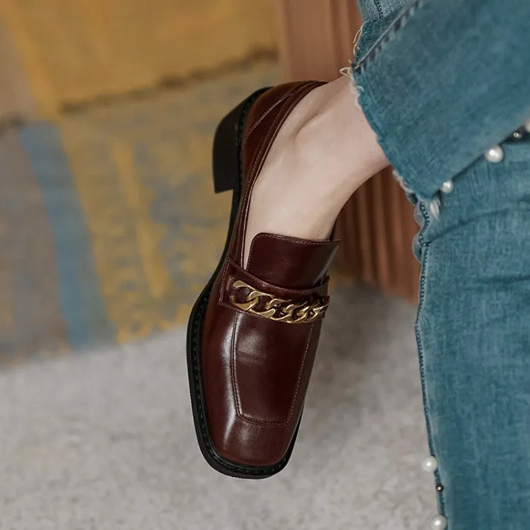 Square Toe Chunky Heel Chain Commuter Brown Shoes