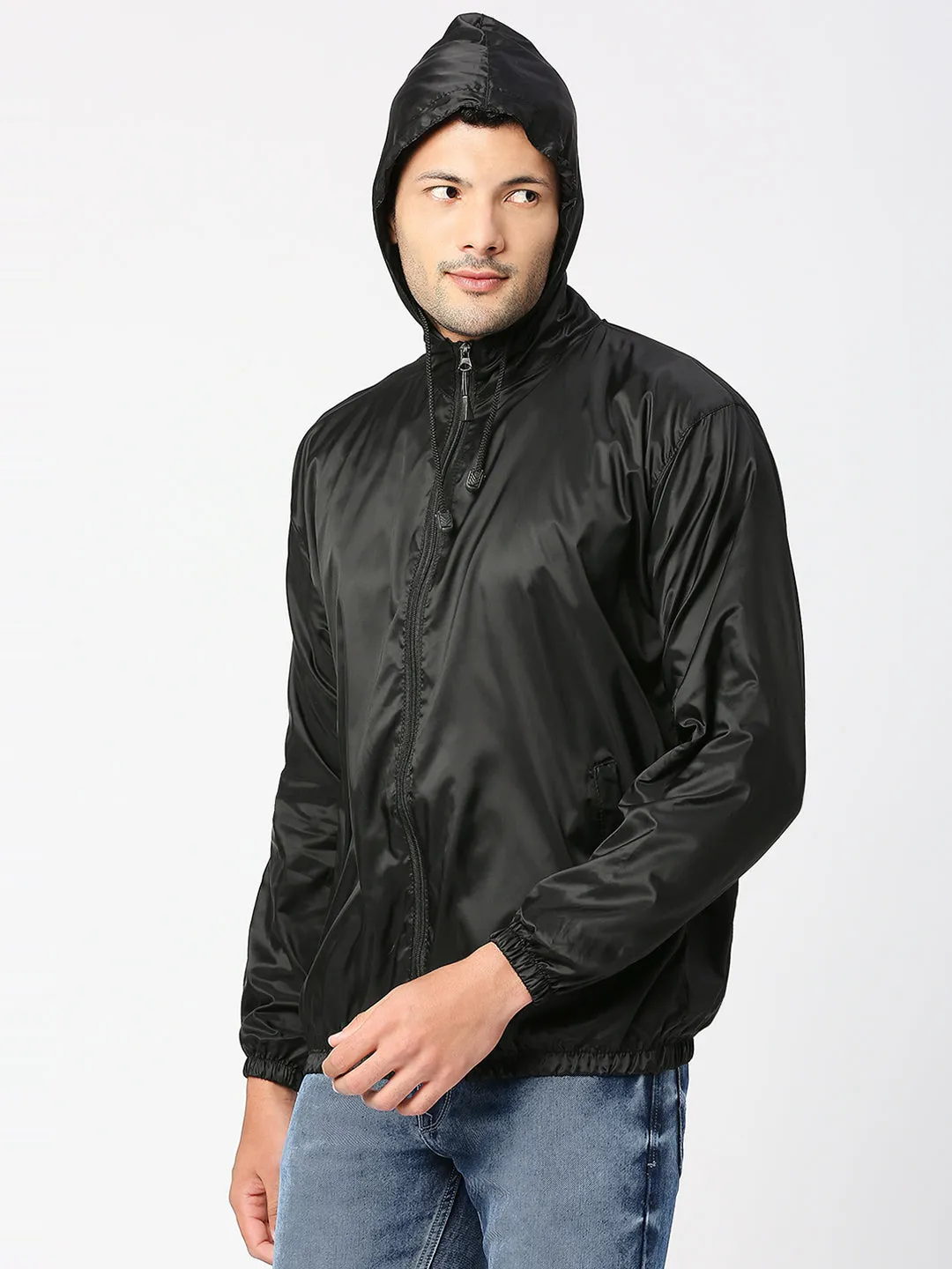 Style Quotient Men's Solid Black Nylon Windcheater