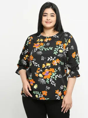 Style Quotient Women Black And Orange  Floral Polyester Regular Smart Casual Top