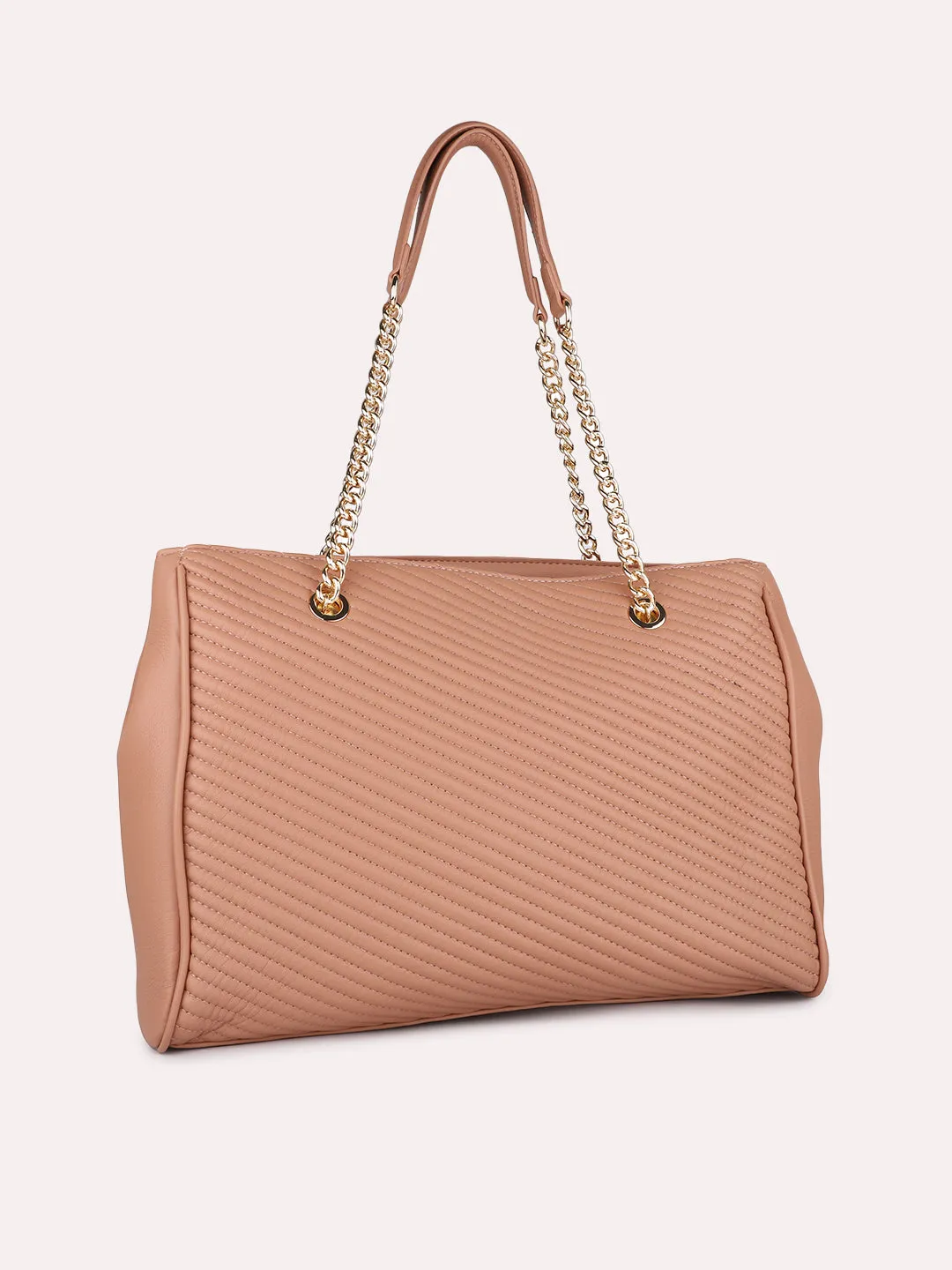 Women Peach Textured Structured Shoulder Bag with Quilted Detailing