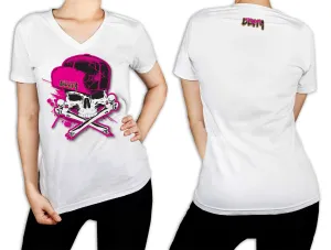 Women's White T-Shirt - Dirty Skull Flip Hat PINK