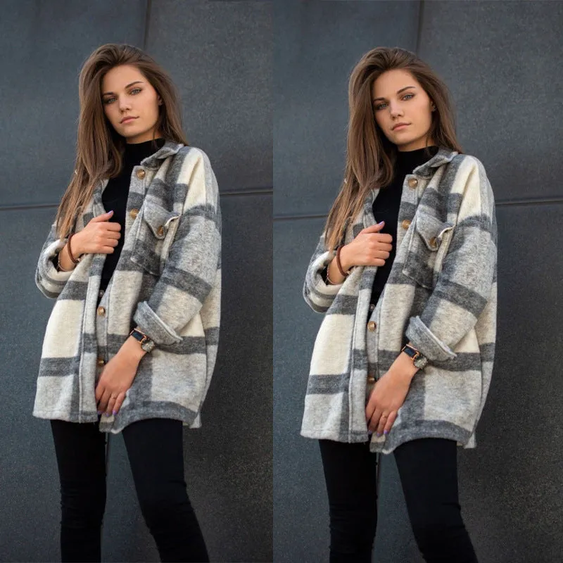 Womens Winter Loose Casual Long Sleeve Lapel Plaid Coat